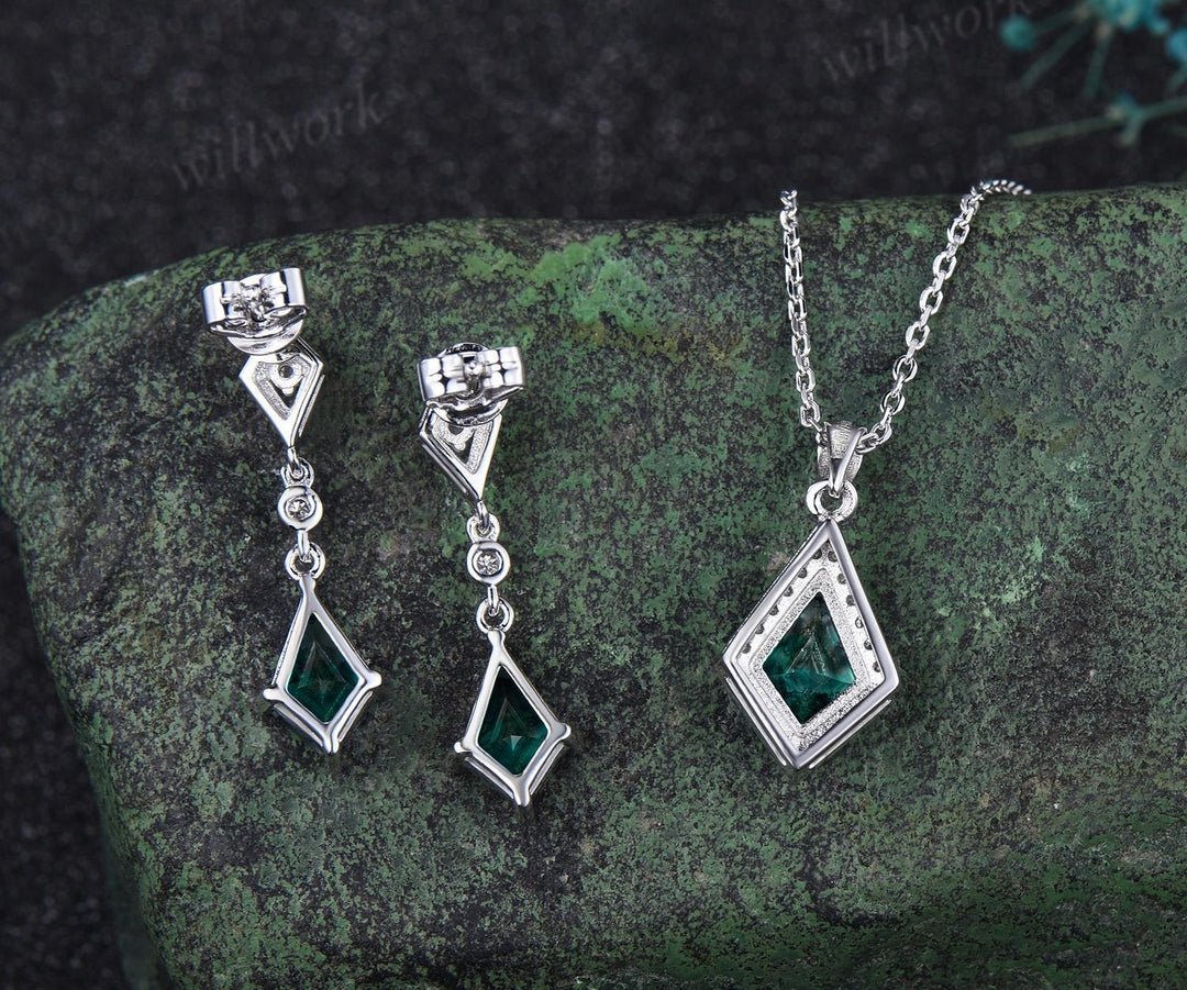 Kite cut green emerald earrings necklace set solid 14k white gold bezel halo moissanite unique pendant for Women anniversary gift