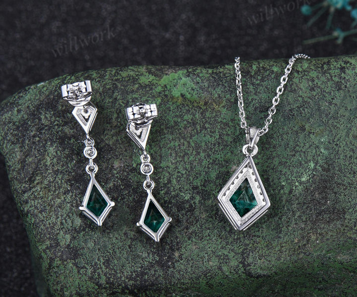 Kite cut green emerald earrings necklace set solid 14k white gold bezel halo moissanite unique pendant for Women anniversary gift
