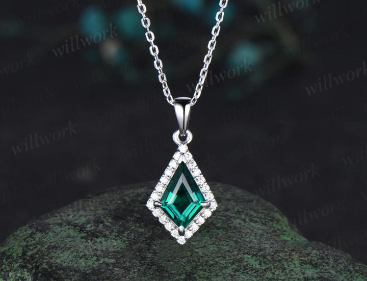 Kite cut green emerald earrings necklace set solid 14k white gold bezel halo moissanite unique pendant for Women anniversary gift