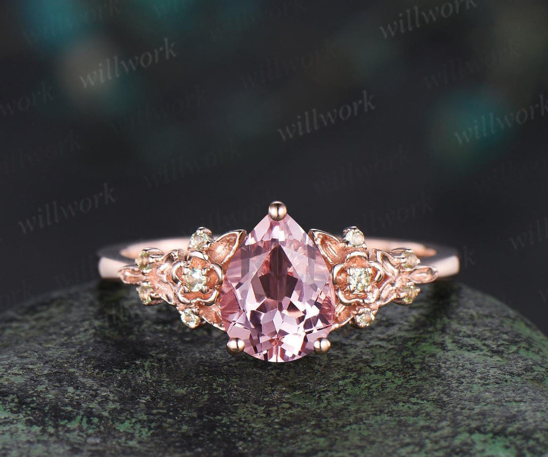 Vintage pear padparadscha pink sapphire engagement ring solid 14k rose gold leaf floral unique cluster peridot wedding ring set women gift