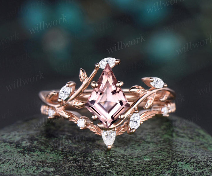 Vintage kite cut morganite engagement ring 14k rose gold leaf nature inspired ring women unique cluster diamond bridal promise ring set