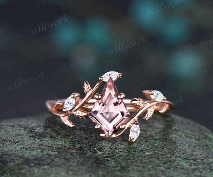 Vintage kite cut morganite engagement ring 14k rose gold leaf nature inspired ring women unique cluster diamond bridal promise ring set