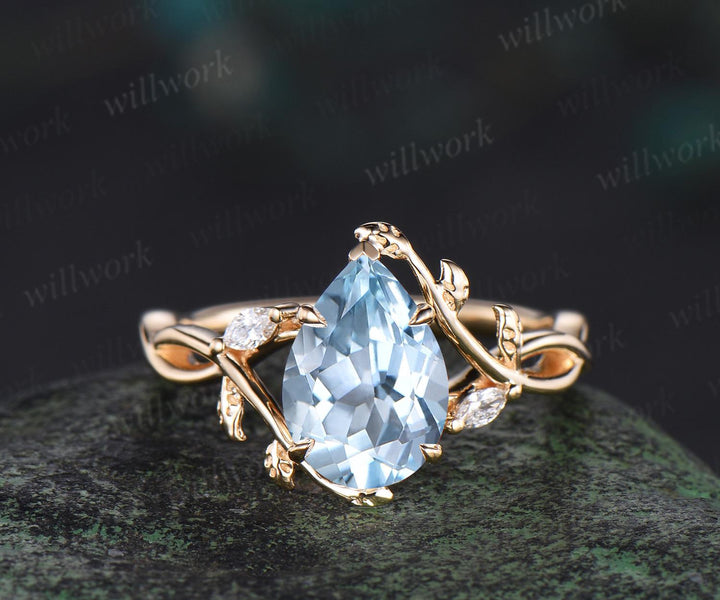 Pear cut aquamarine ring vintage infinity split shank engagement ring set art deco leaf diamond ring women retro unique bridal set gift