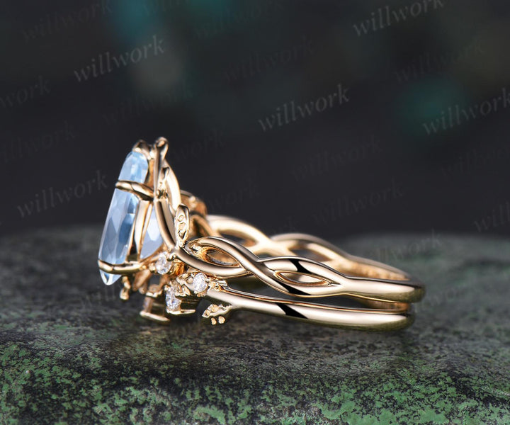 Pear cut aquamarine ring vintage infinity split shank engagement ring set art deco leaf diamond ring women retro unique bridal set gift
