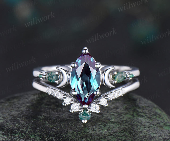 1ct marquise cut Alexandrite engagement ring set women 14k white gold 6 prong five stone moon moss agate stacking bridal ring set