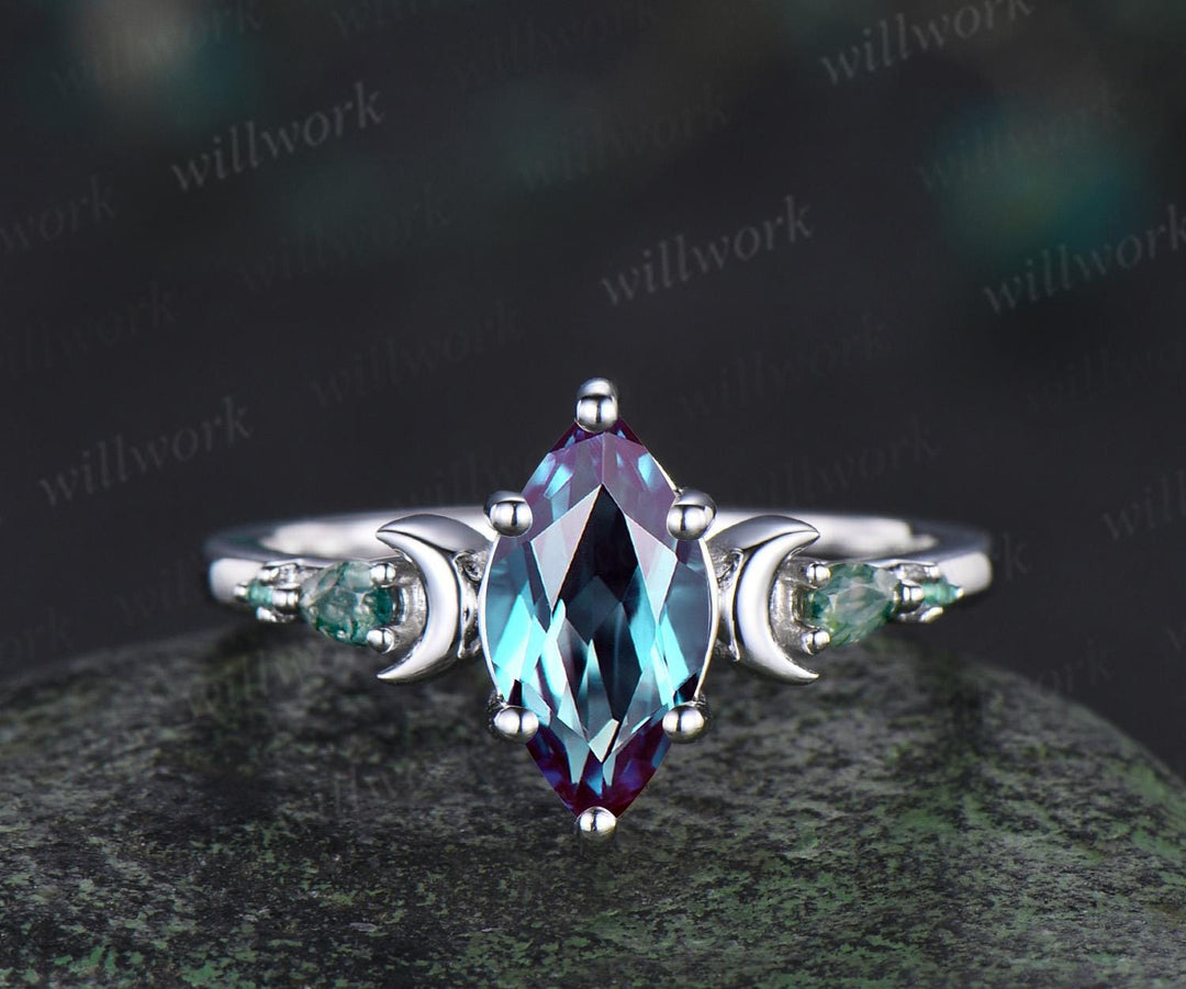 1ct marquise cut Alexandrite engagement ring set women 14k white gold 6 prong five stone moon moss agate stacking bridal ring set
