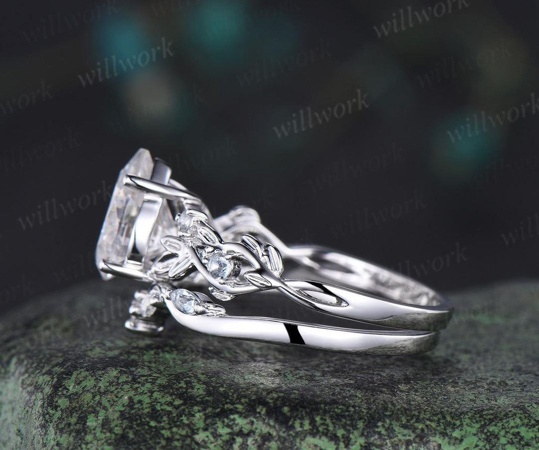 Pear shaped moissanite ring leaf infinity nature inspired engagement ring set 18k white gold aquamarine promise wedding ring set jewelry