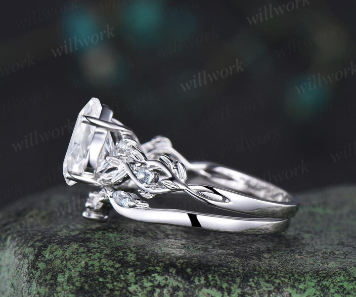 Pear shaped moissanite ring leaf infinity nature inspired engagement ring set 18k white gold aquamarine promise wedding ring set jewelry