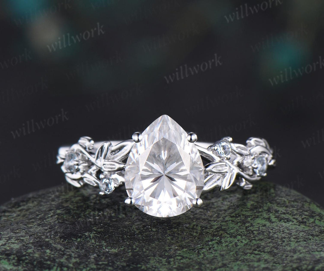 Pear shaped moissanite ring leaf infinity nature inspired engagement ring set 18k white gold aquamarine promise wedding ring set jewelry