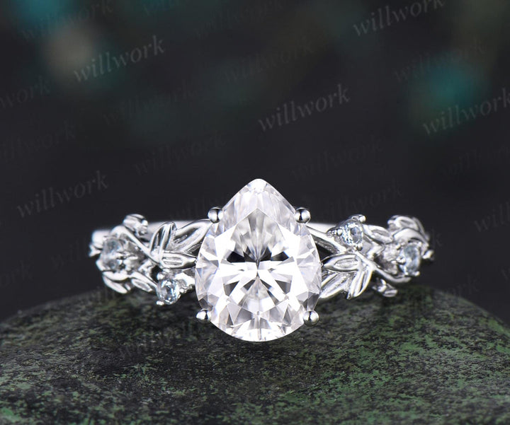 Pear shaped moissanite ring leaf infinity nature inspired engagement ring set 18k white gold aquamarine promise wedding ring set jewelry