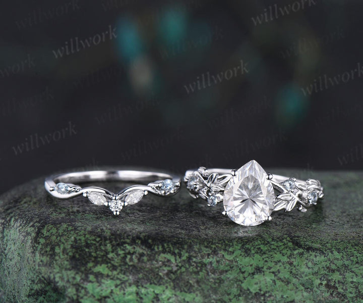 Pear shaped moissanite ring leaf infinity nature inspired engagement ring set 18k white gold aquamarine promise wedding ring set jewelry