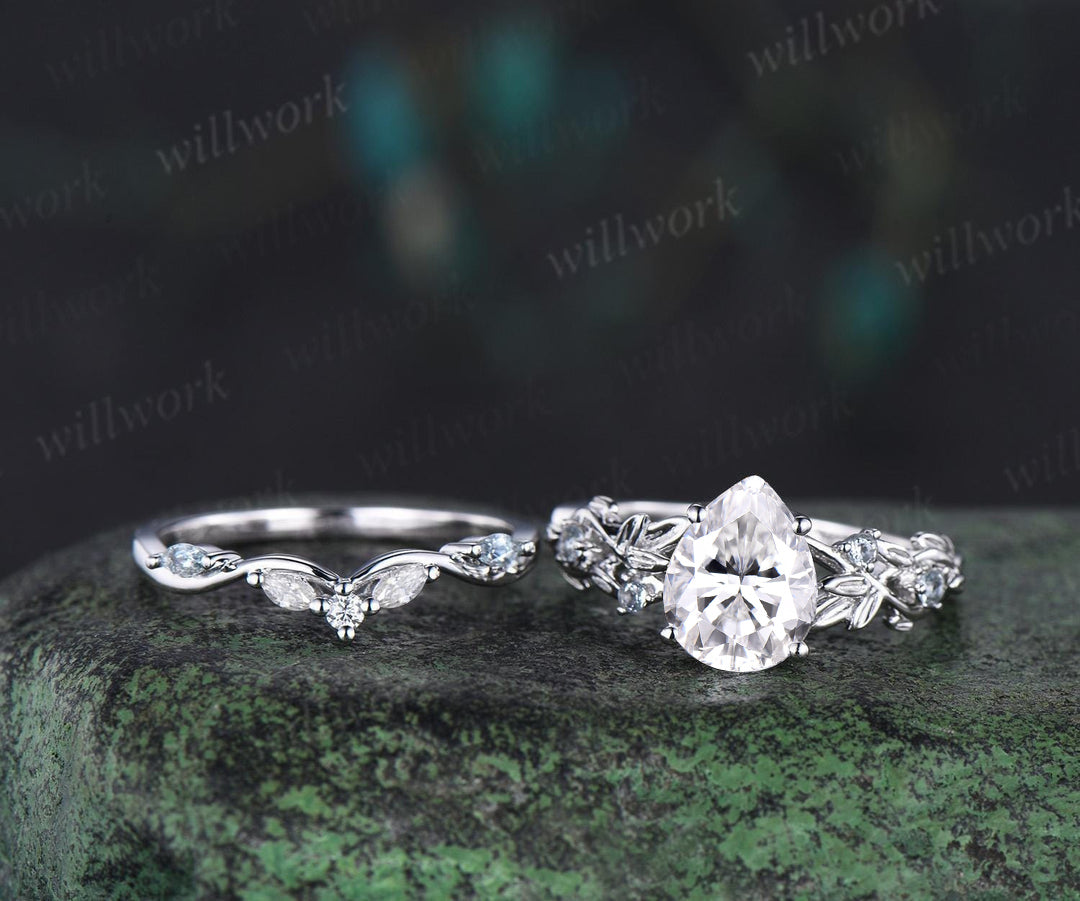 Pear shaped moissanite ring leaf infinity nature inspired engagement ring set 18k white gold aquamarine promise wedding ring set jewelry