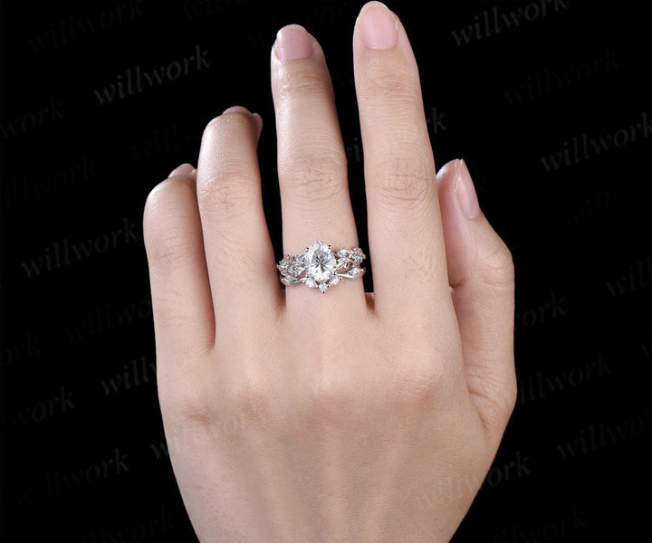 Pear shaped moissanite ring leaf infinity nature inspired engagement ring set 18k white gold aquamarine promise wedding ring set jewelry