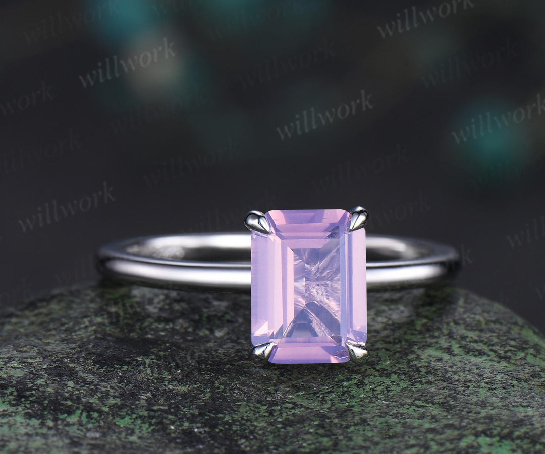 Emerald cut Lavender amethyst solitaire engagement ring solid 14k 18k white gold claw prong dainty wedding ring women gift