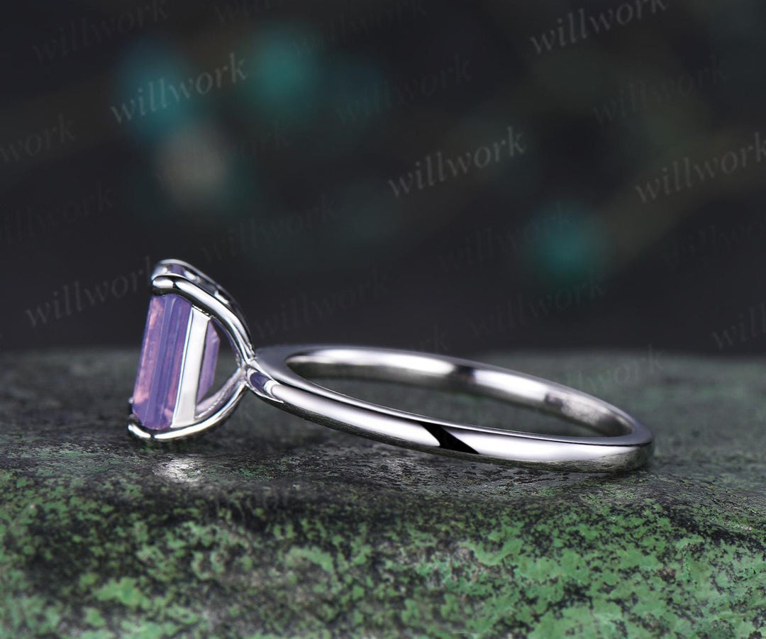 Emerald cut Lavender amethyst solitaire engagement ring solid 14k 18k white gold claw prong dainty wedding ring women gift