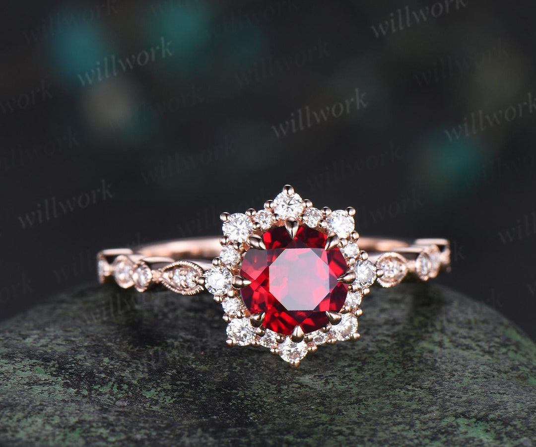 Vintage 1ct round cut red ruby engagement ring rose gold halo snowdrift milgrain diamond promise ring her unique wedding ring women