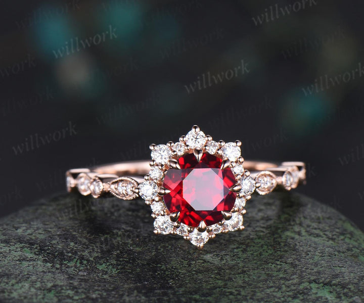 Vintage 1ct round cut red ruby engagement ring rose gold halo snowdrift milgrain diamond promise ring her unique wedding ring women