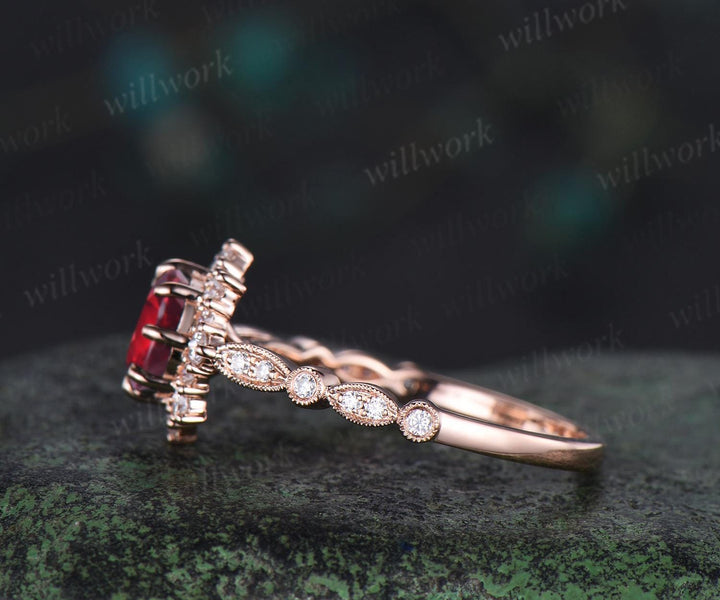 Vintage 1ct round cut red ruby engagement ring rose gold halo snowdrift milgrain diamond promise ring her unique wedding ring women