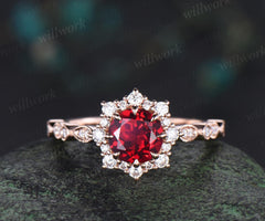 Vintage 1ct round cut red ruby engagement ring rose gold halo snowdrift milgrain diamond promise ring her unique wedding ring women
