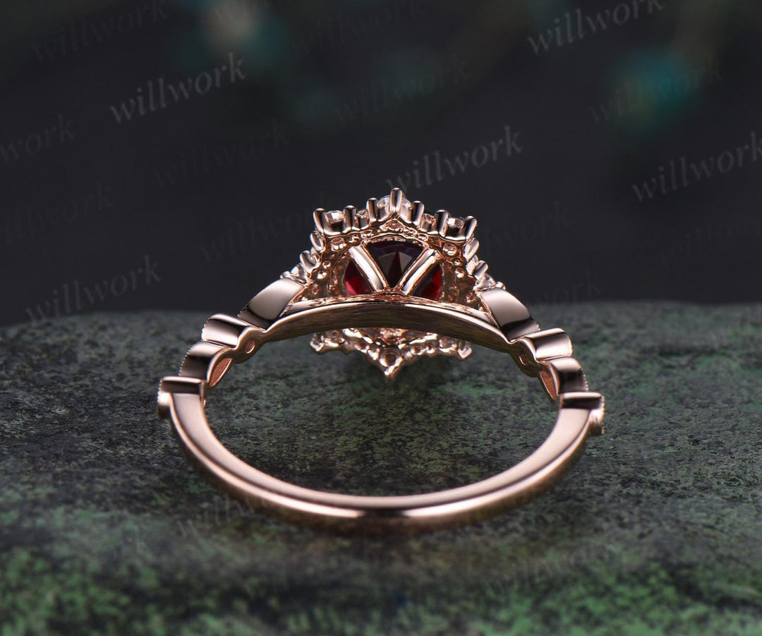 Vintage 1ct round cut red ruby engagement ring rose gold halo snowdrift milgrain diamond promise ring her unique wedding ring women