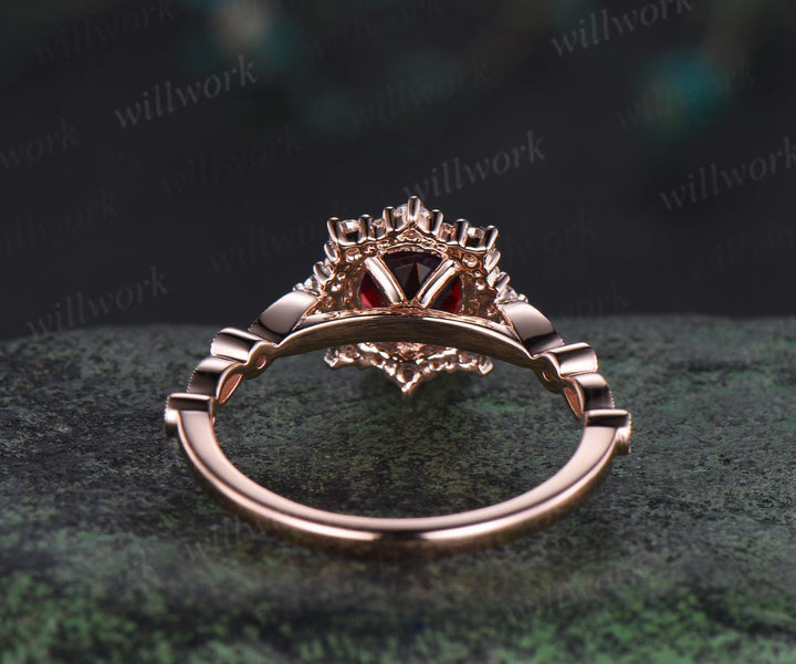 Vintage 1ct round cut red ruby engagement ring rose gold halo snowdrift milgrain diamond promise ring her unique wedding ring women