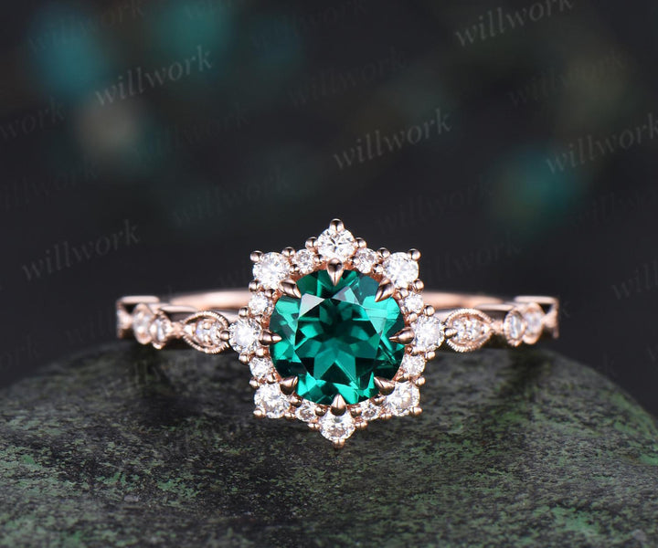 1ct round green emerald wedding ring rose gold 8 prong milgrain art deco halo emerald engagement ring May birthstone ring jewelry gift
