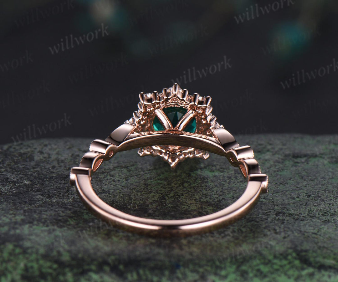 1ct round green emerald wedding ring rose gold 8 prong milgrain art deco halo emerald engagement ring May birthstone ring jewelry gift