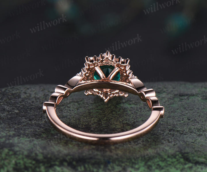 1ct round green emerald wedding ring rose gold 8 prong milgrain art deco halo emerald engagement ring May birthstone ring jewelry gift