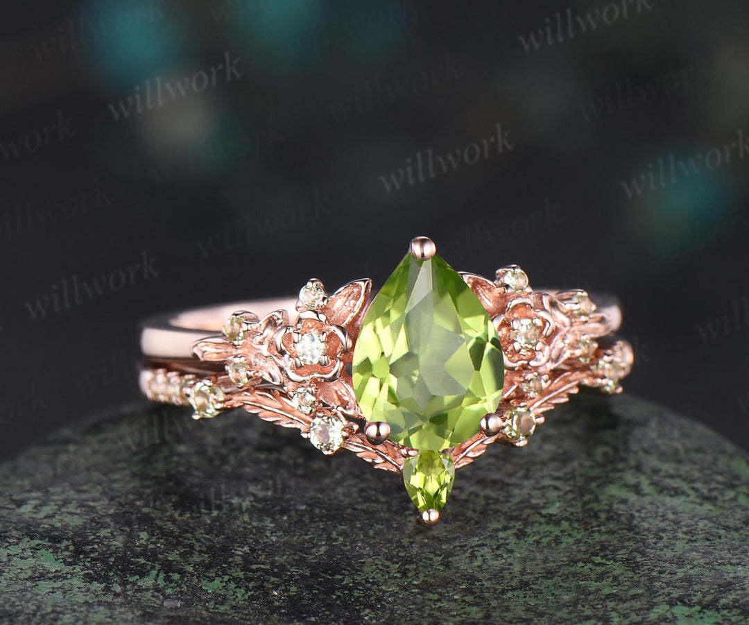 Teardrop pear cut natural peridot engagement ring set nature inspired leaf floral bridal ring set rose gold art deco anniversary gift