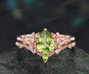 Teardrop pear cut natural peridot engagement ring set nature inspired leaf floral bridal ring set rose gold art deco anniversary gift