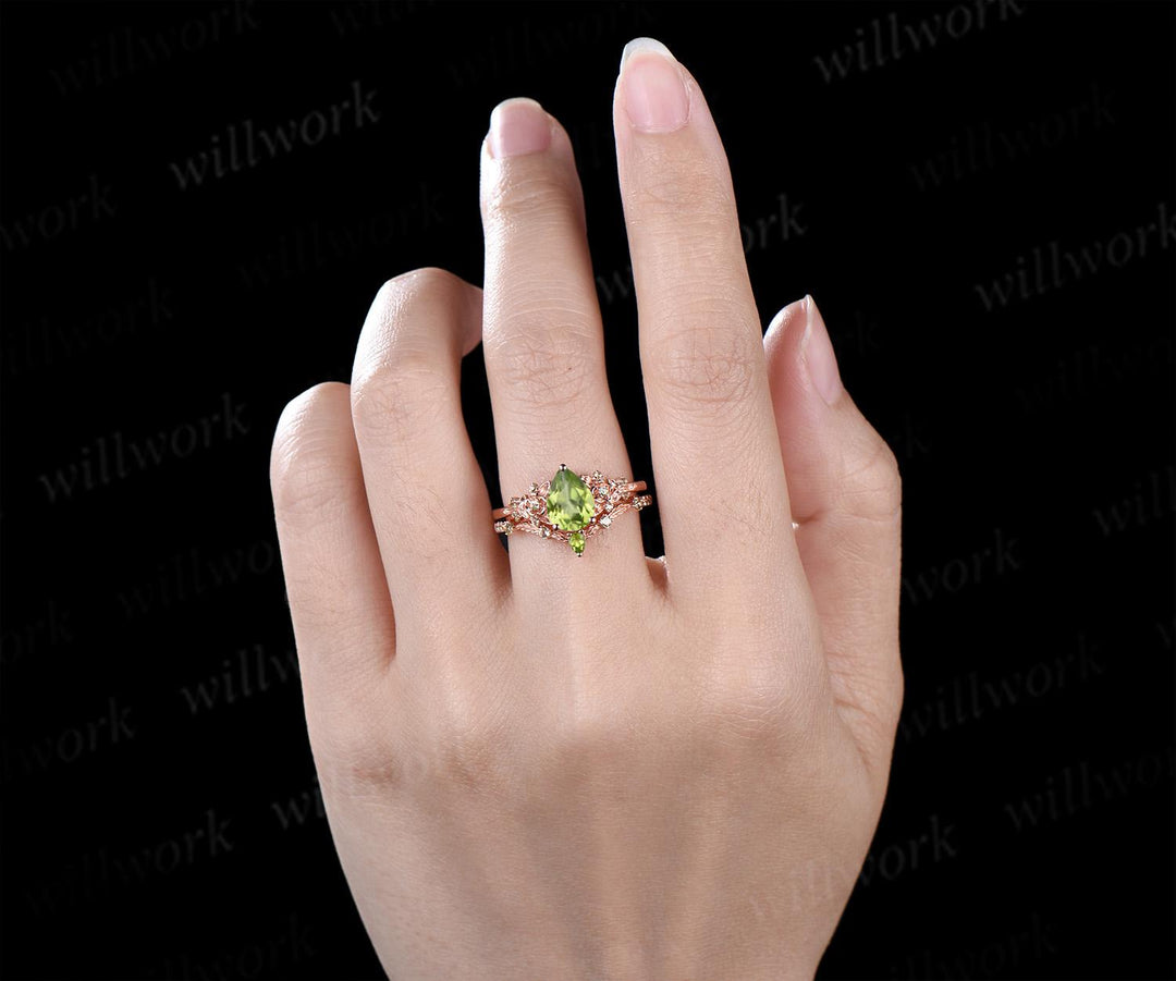 Teardrop pear cut natural peridot engagement ring set nature inspired leaf floral bridal ring set rose gold art deco anniversary gift
