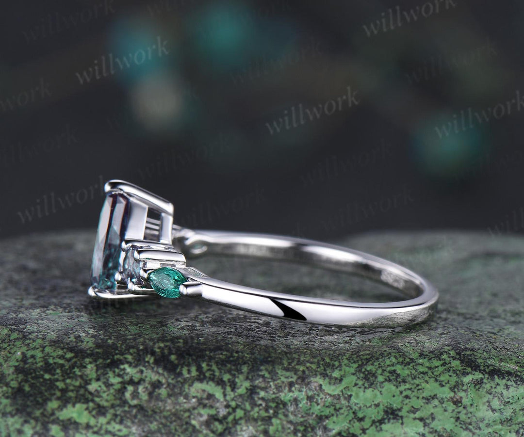 Teardrop pear cut Alexandrite ring 14k white gold Minimalist five stone unique engagement ring women emerald promise wedding ring silver