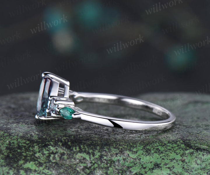 Teardrop pear cut Alexandrite ring 14k white gold Minimalist five stone unique engagement ring women emerald promise wedding ring silver