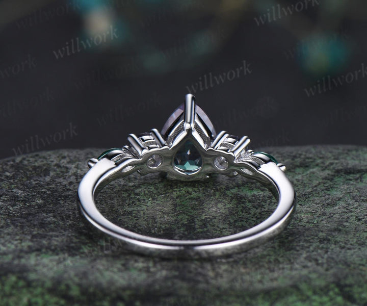 Teardrop pear cut Alexandrite ring 14k white gold Minimalist five stone unique engagement ring women emerald promise wedding ring silver