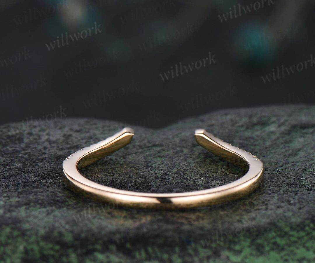 Curved open gap diamond wedding band solid 14k yellow gold half eternity stackable matching dainty bridal ring women gift