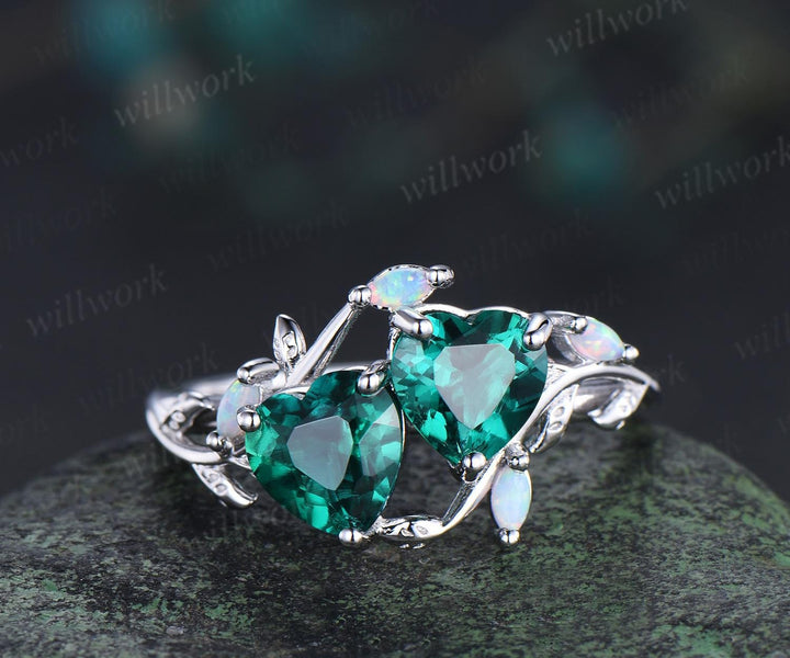 Double heart shaped emerald engagement ring set white gold  Toi et Moi ring opal leaf branch bridal set retro nature inspired anniversary gift