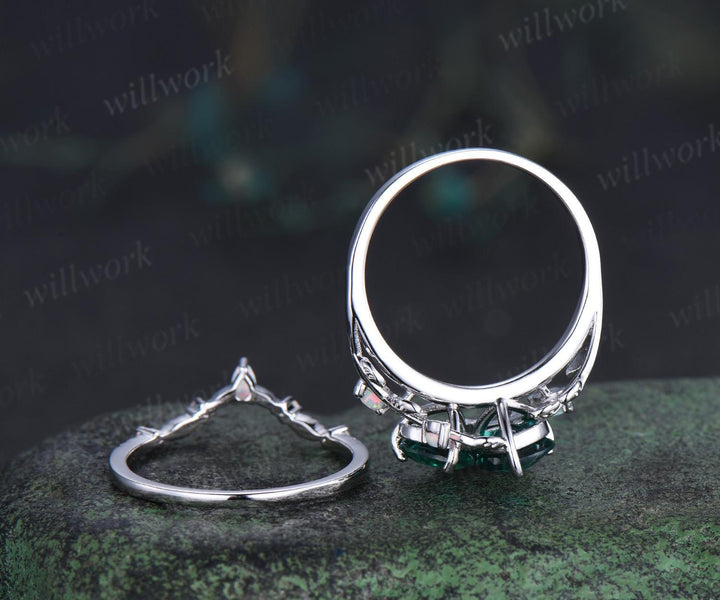 Double heart shaped emerald engagement ring set white gold  Toi et Moi ring opal leaf branch bridal set retro nature inspired anniversary gift