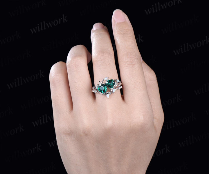 Double heart shaped emerald engagement ring set white gold  Toi et Moi ring opal leaf branch bridal set retro nature inspired anniversary gift