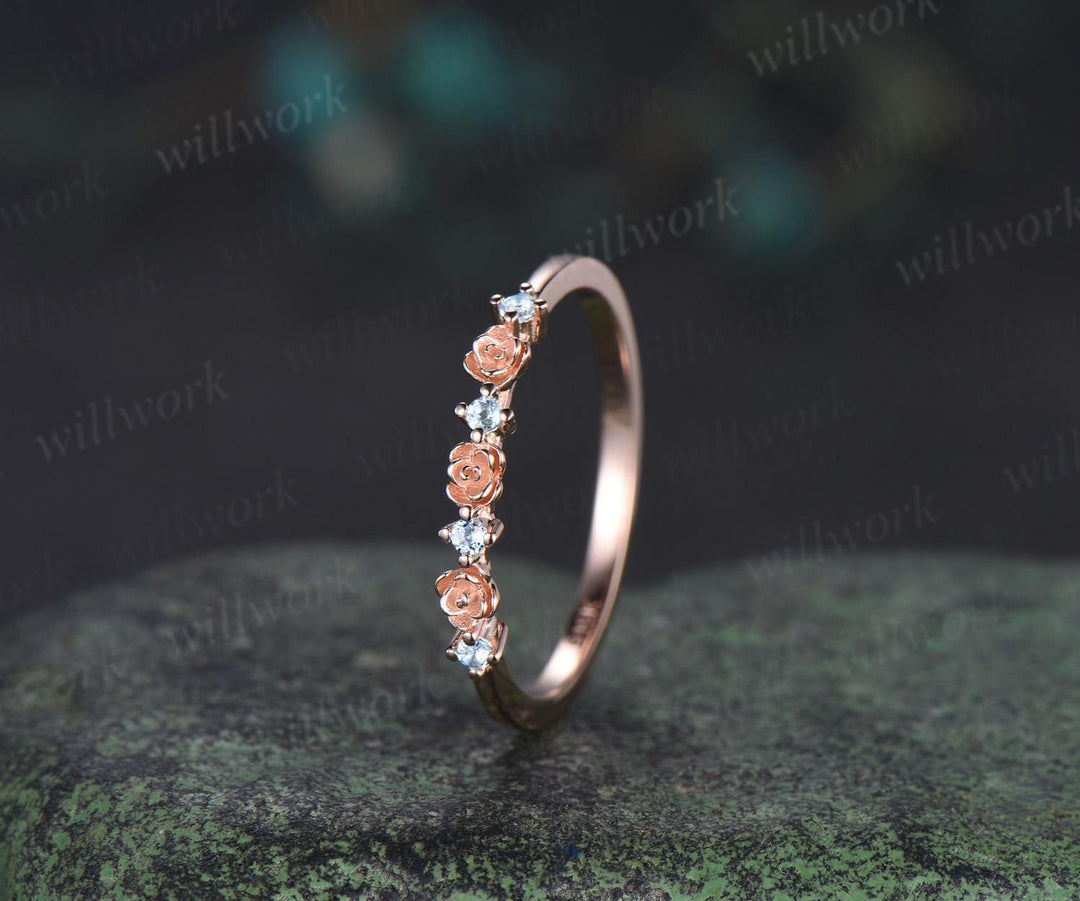 Dainty flower Aquamarine wedding band solid 14k rose gold stacking unique vintage floral ring women handmade anniversary ring gift