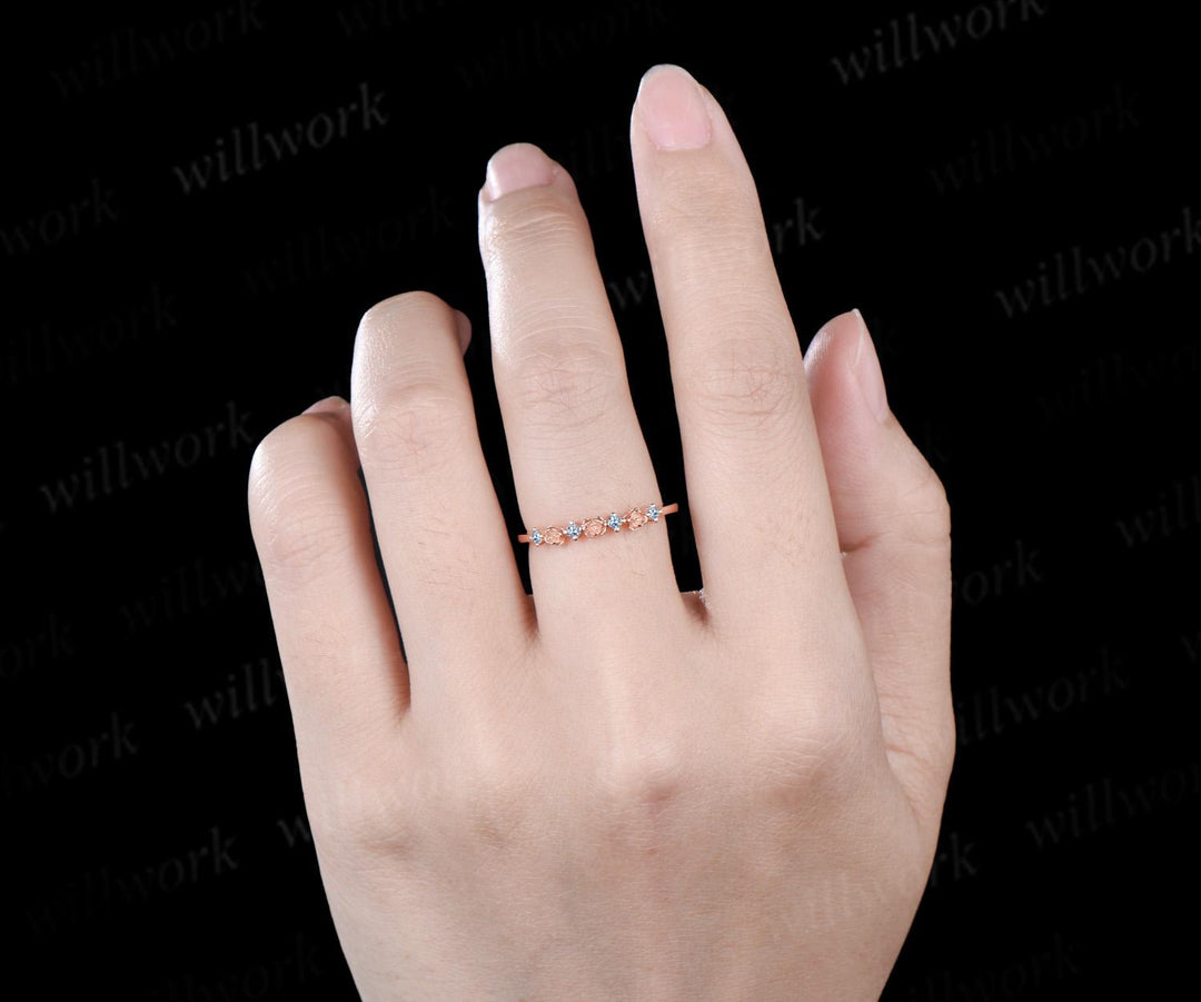 Dainty flower Aquamarine wedding band solid 14k rose gold stacking unique vintage floral ring women handmade anniversary ring gift