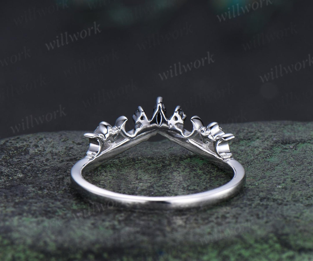 Curved black spinel wedding band solid 14k white gold five stone ring leaf flower moon wedding ring band women Personalized ring gift