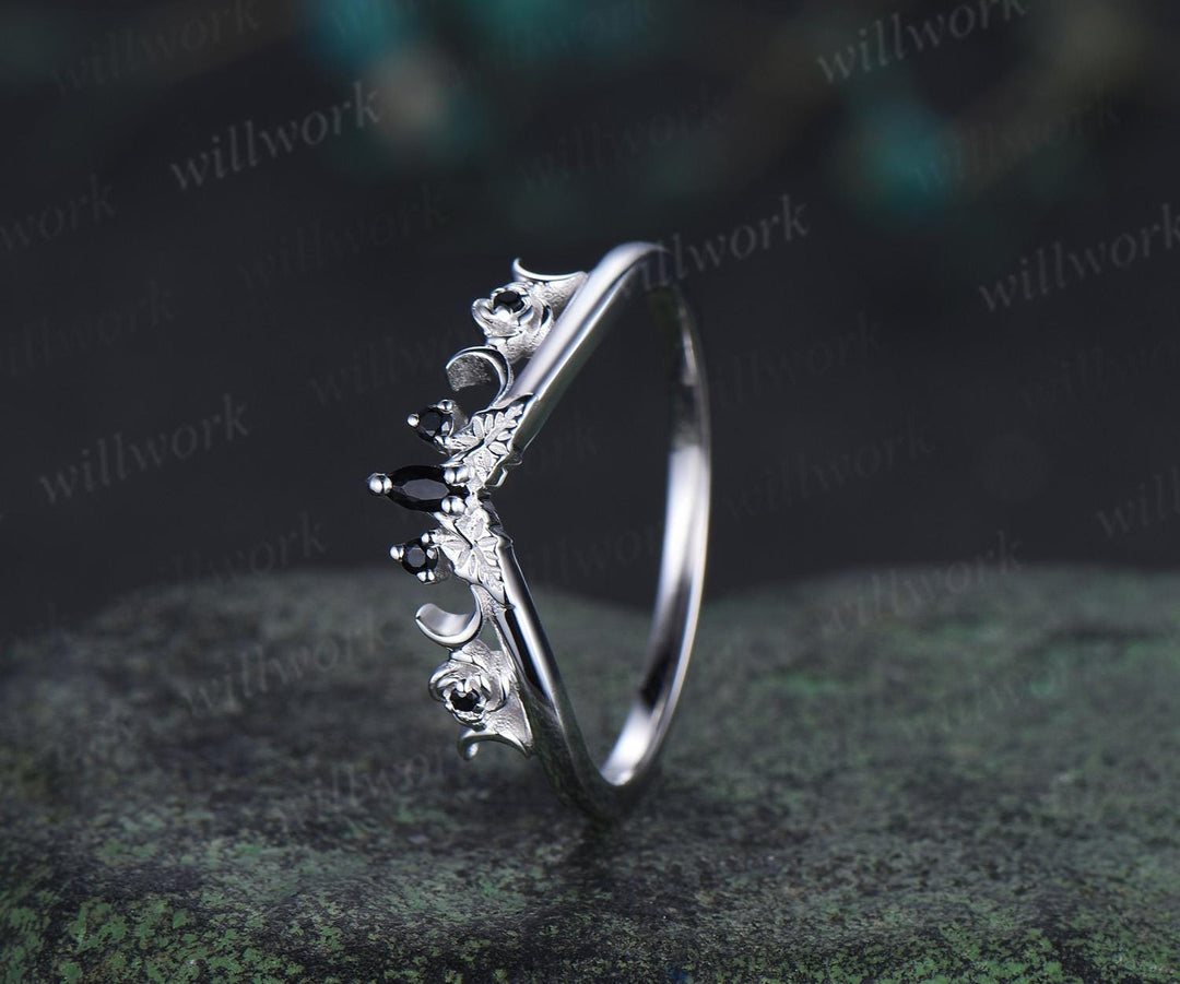 Curved black spinel wedding band solid 14k white gold five stone ring leaf flower moon wedding ring band women Personalized ring gift