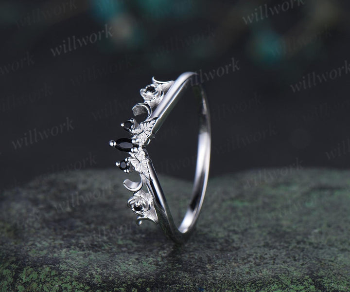 Curved black spinel wedding band solid 14k white gold five stone ring leaf flower moon wedding ring band women Personalized ring gift