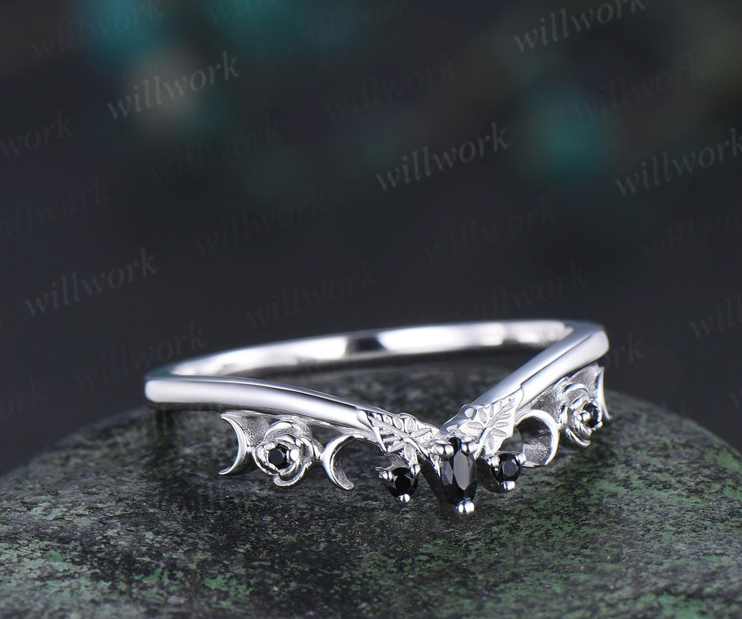 Curved black spinel wedding band solid 14k white gold five stone ring leaf flower moon wedding ring band women Personalized ring gift