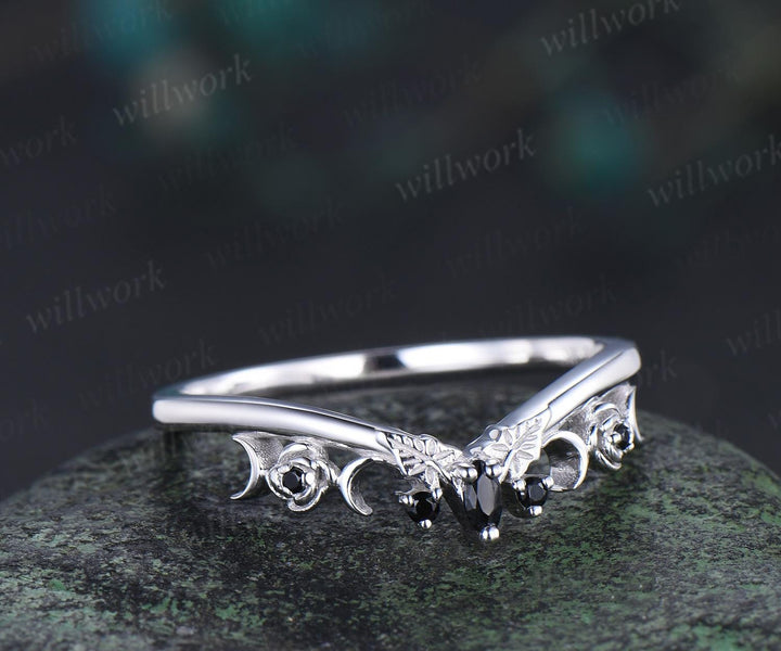 Curved black spinel wedding band solid 14k white gold five stone ring leaf flower moon wedding ring band women Personalized ring gift