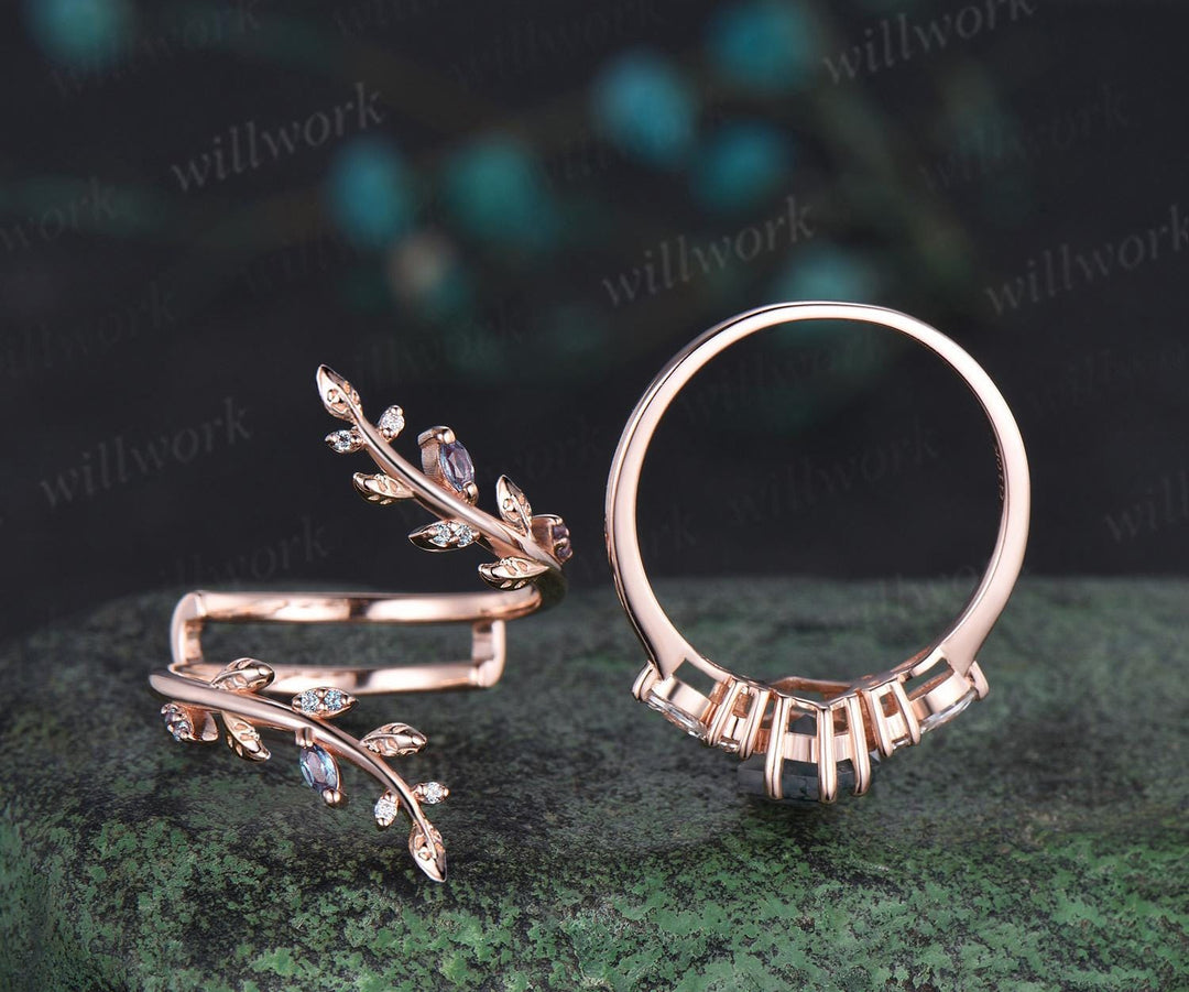 Kite cut moss agate engagement ring set 14k rose gold leaf alexandrite diamond wedding band enhancer unique bridal ring set women