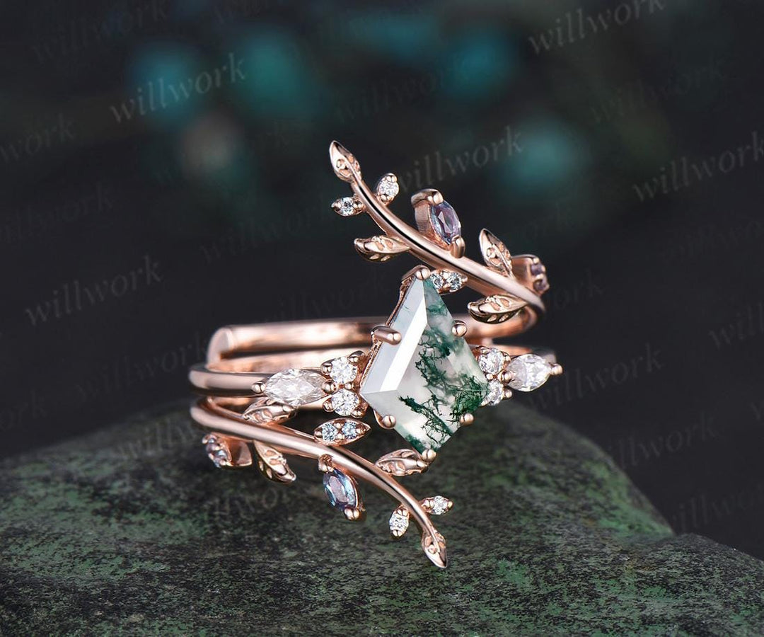 Kite cut moss agate engagement ring set 14k rose gold leaf alexandrite diamond wedding band enhancer unique bridal ring set women