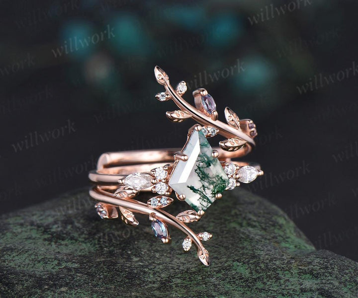 Kite cut moss agate engagement ring set 14k rose gold leaf alexandrite diamond wedding band enhancer unique bridal ring set women