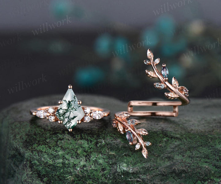 Kite cut moss agate engagement ring set 14k rose gold leaf alexandrite diamond wedding band enhancer unique bridal ring set women
