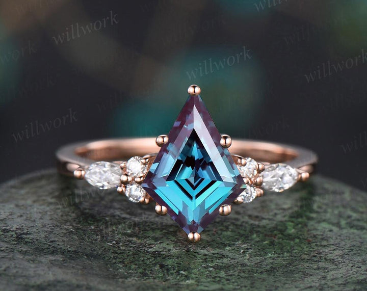 Kite cut alexandrite engagement ring 14k rose gold leaf nature inspired cluster diamond wedding band enhancer unique wedding ring set women